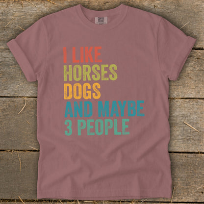 "I like horses, dogs, and maybe 3 people" graphic t-shirt.