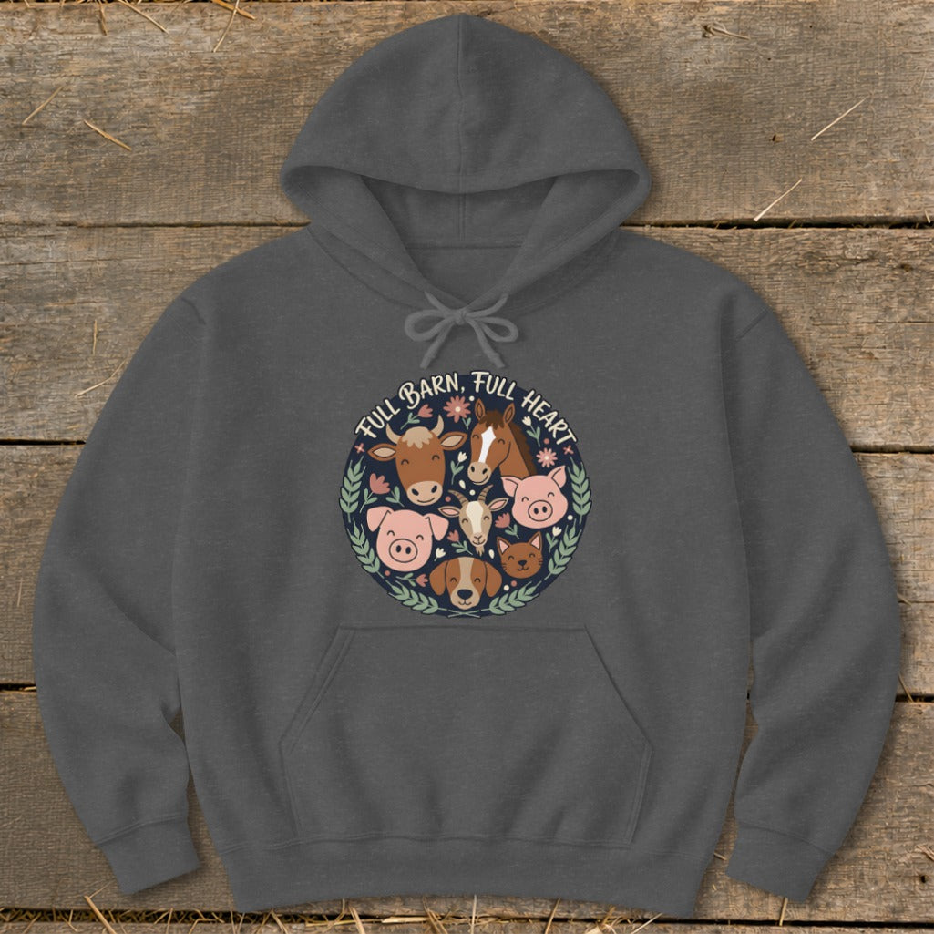 Dark gray hoodie with a circular graphic of farm animals and the text "FULL BARN, FULL HEART".