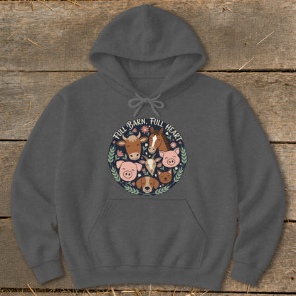 Dark gray hoodie with a circular graphic of farm animals and the text "FULL BARN, FULL HEART".