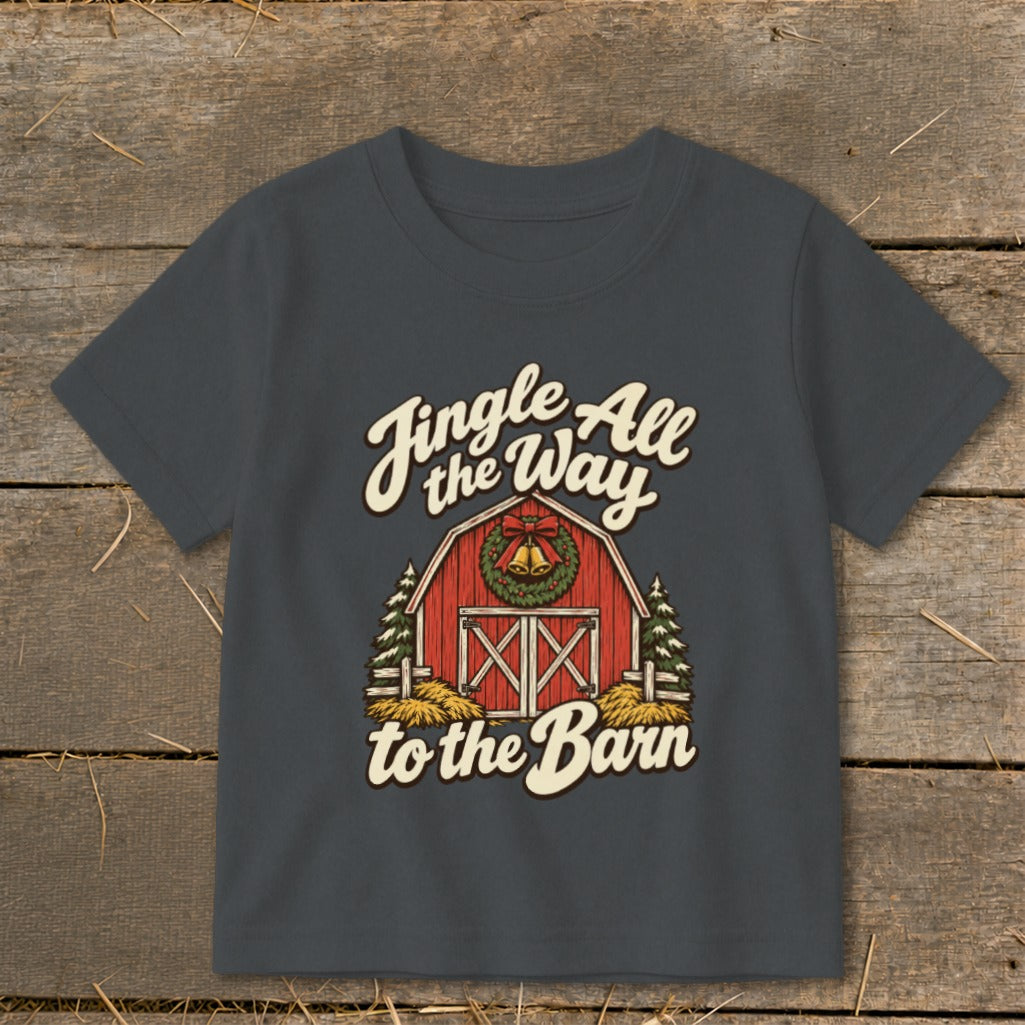 Dark grey t-shirt with "Jingle All the Way to the Barn" text and barn graphic.