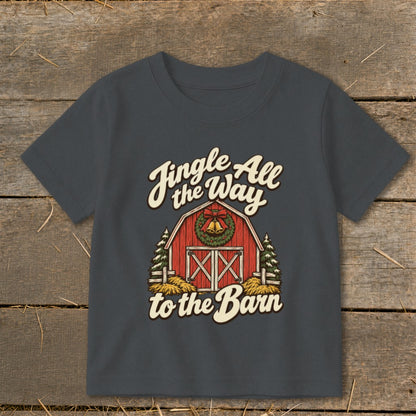 Dark grey t-shirt with "Jingle All the Way to the Barn" text and barn graphic.