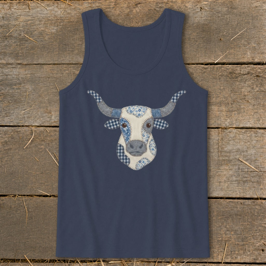 Navy tank top with a patchwork longhorn cow head graphic.