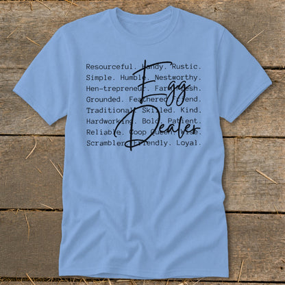 Light blue t-shirt with "Egg Dealer" and descriptive words in black text.