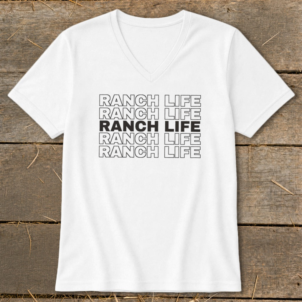 A white V-neck t-shirt with the words "RANCH LIFE" repeated five times across the chest.