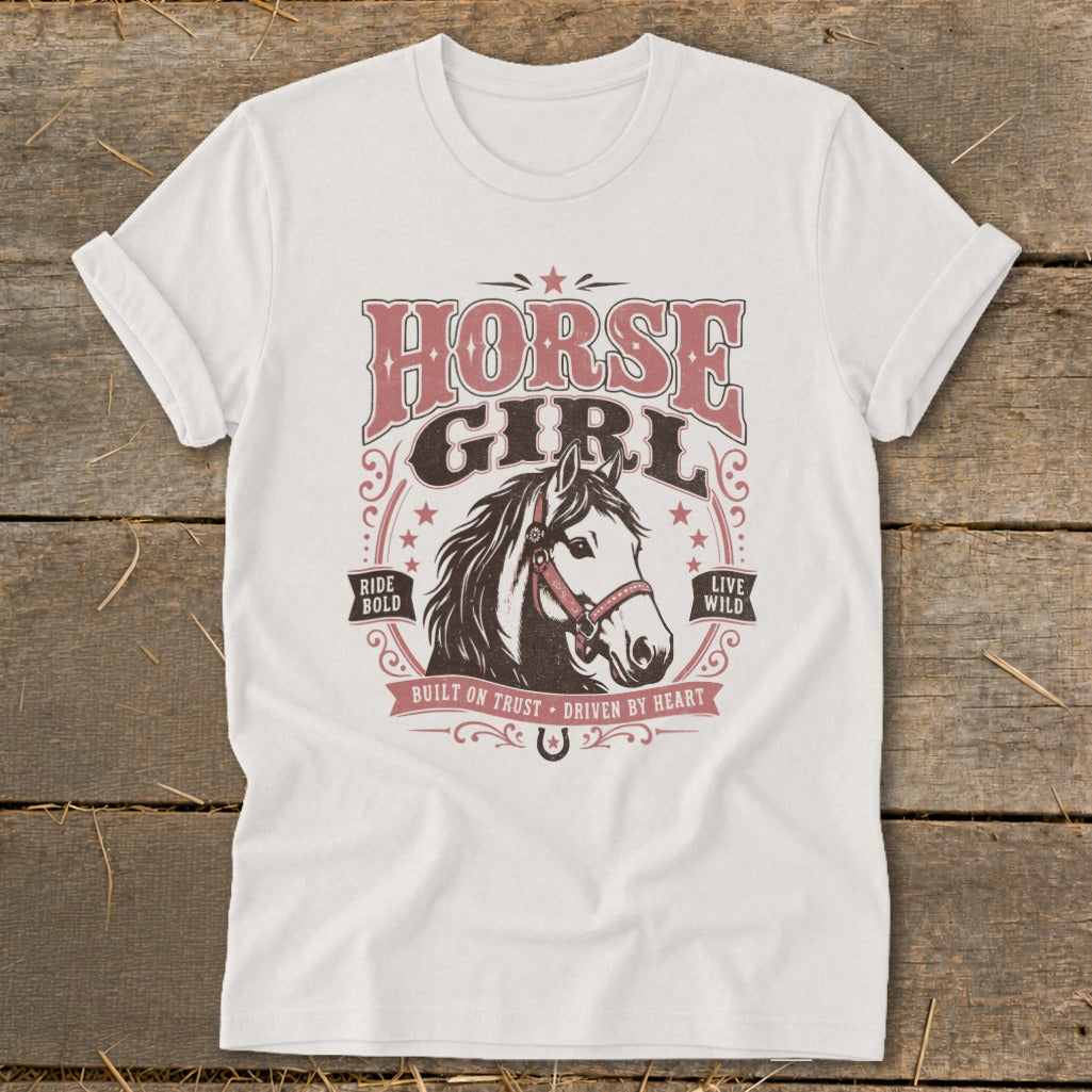 White t-shirt with "HORSE GIRL" text and a horse graphic.