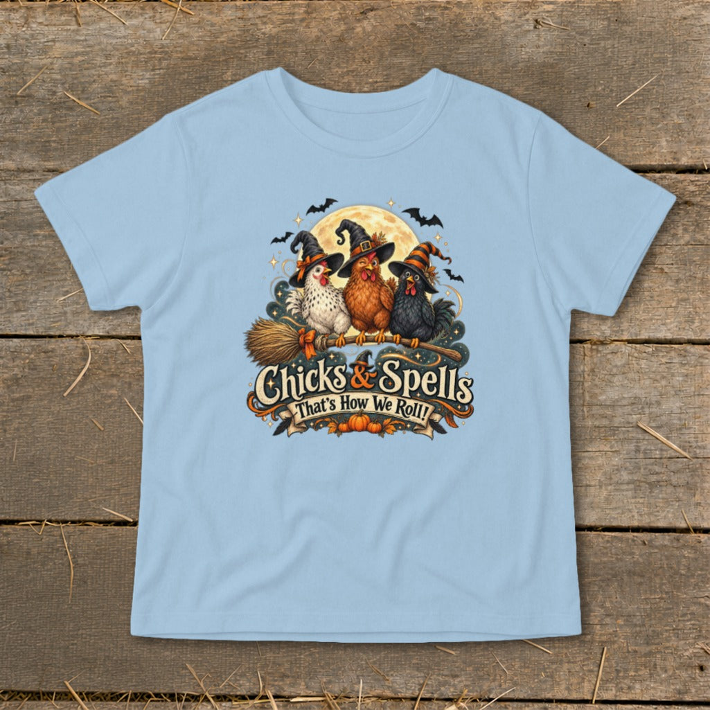 Three witch chickens on a broomstick with "Chicks & Spells" text.