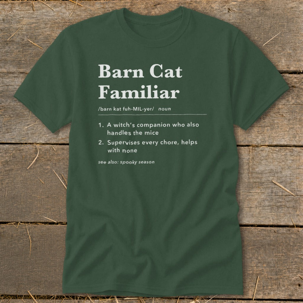 Green t-shirt with "Barn Cat Familiar" definition including pronunciation and two numbered descriptions.