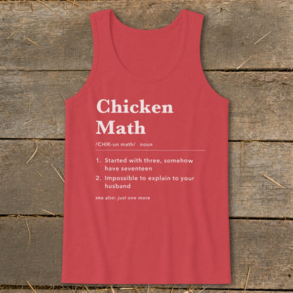 Red tank top with "Chicken Math" definition and humorous text.