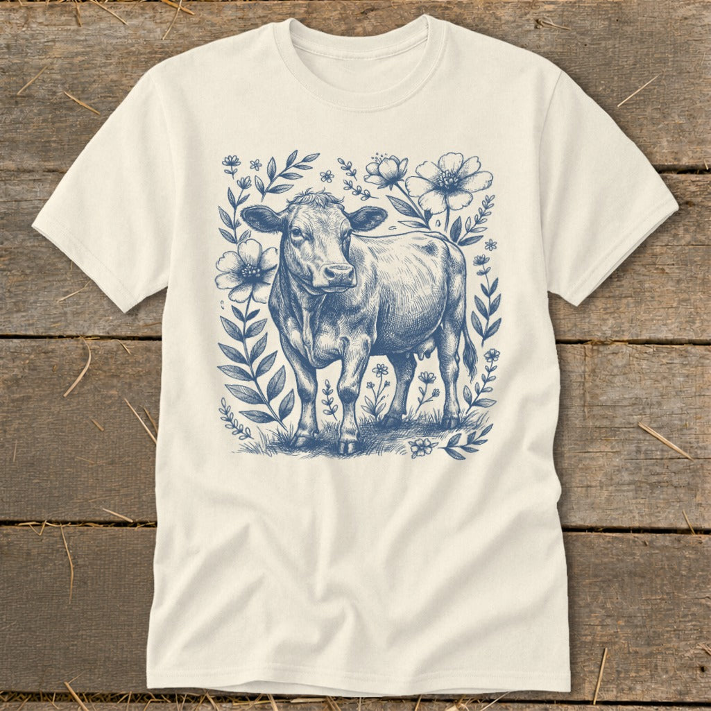 Cream t-shirt with a blue sketch of a cow surrounded by flowers and leaves.