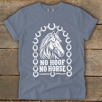 White horse head graphic with "No Hoof No Horse" text on a gray t-shirt.