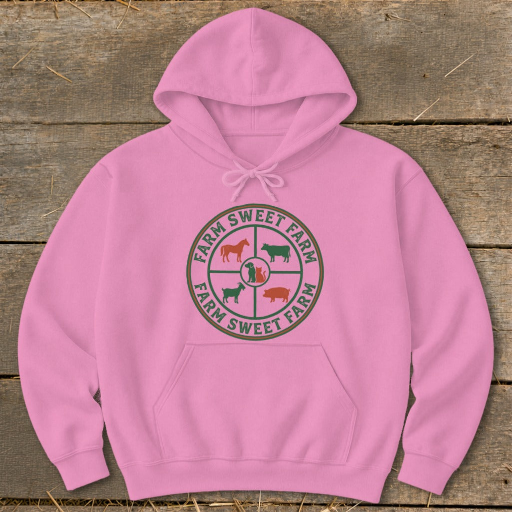 Pink hoodie with a circular farm animal logo: horse, cow, goat, pig, dog, and cat.