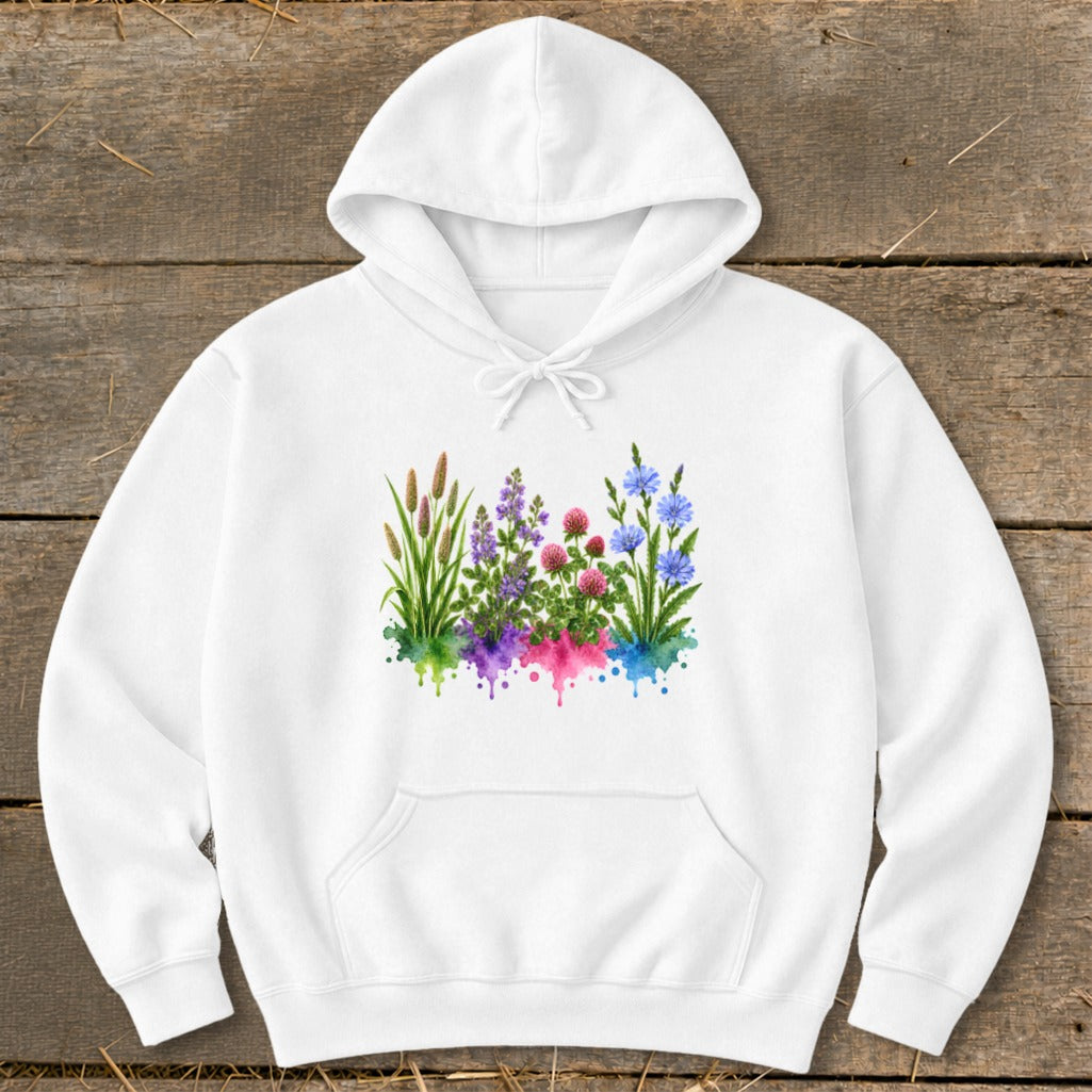 A white hooded sweatshirt featuring a colorful watercolor illustration of wildflowers centered on the chest.