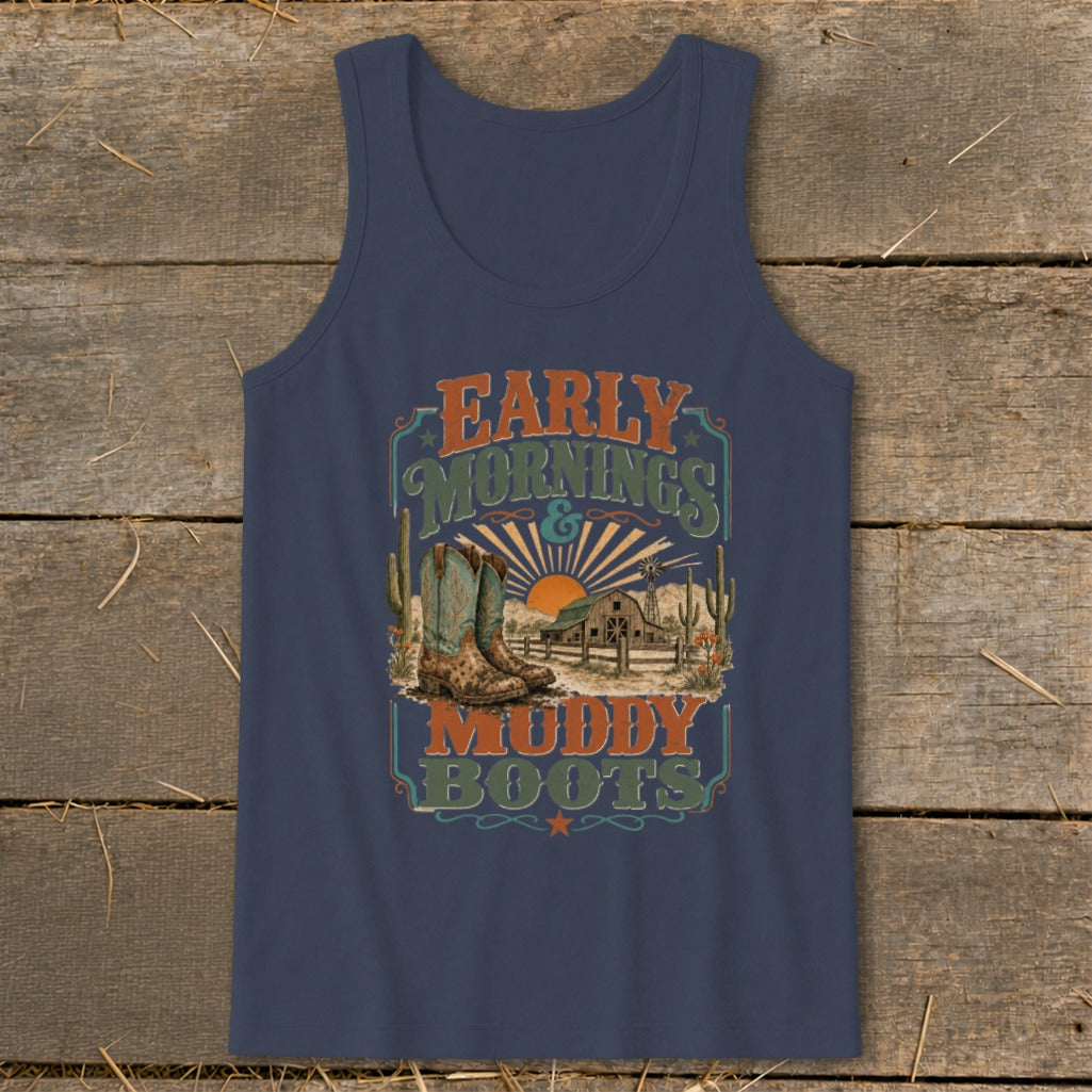 Navy tank top with "Early Mornings & Muddy Boots" graphic, featuring boots and barn scene.