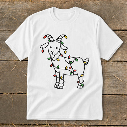 White t-shirt with a black outline drawing of a goat wrapped in colorful Christmas lights.