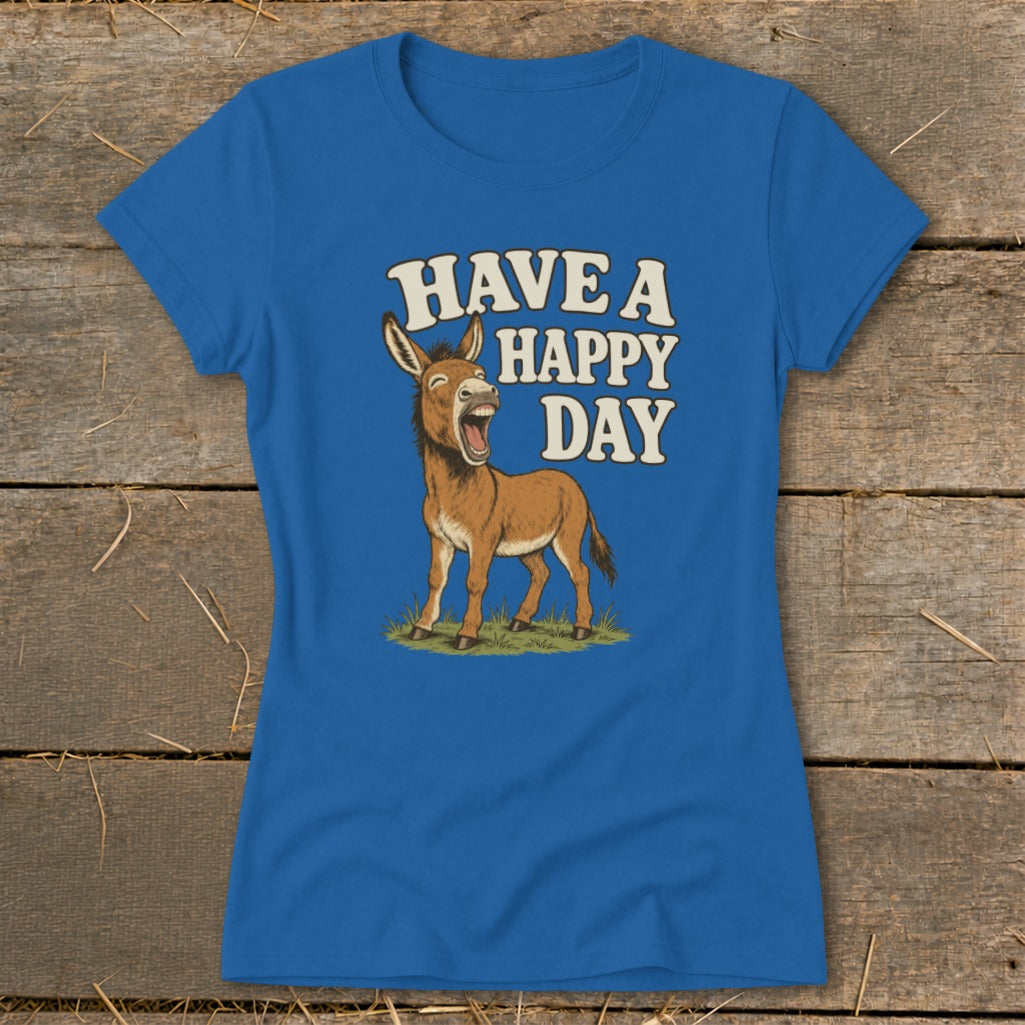 Blue t-shirt with a cartoon donkey and "HAVE A HAPPY DAY" text.