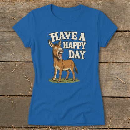 Blue t-shirt with a cartoon donkey and "HAVE A HAPPY DAY" text.