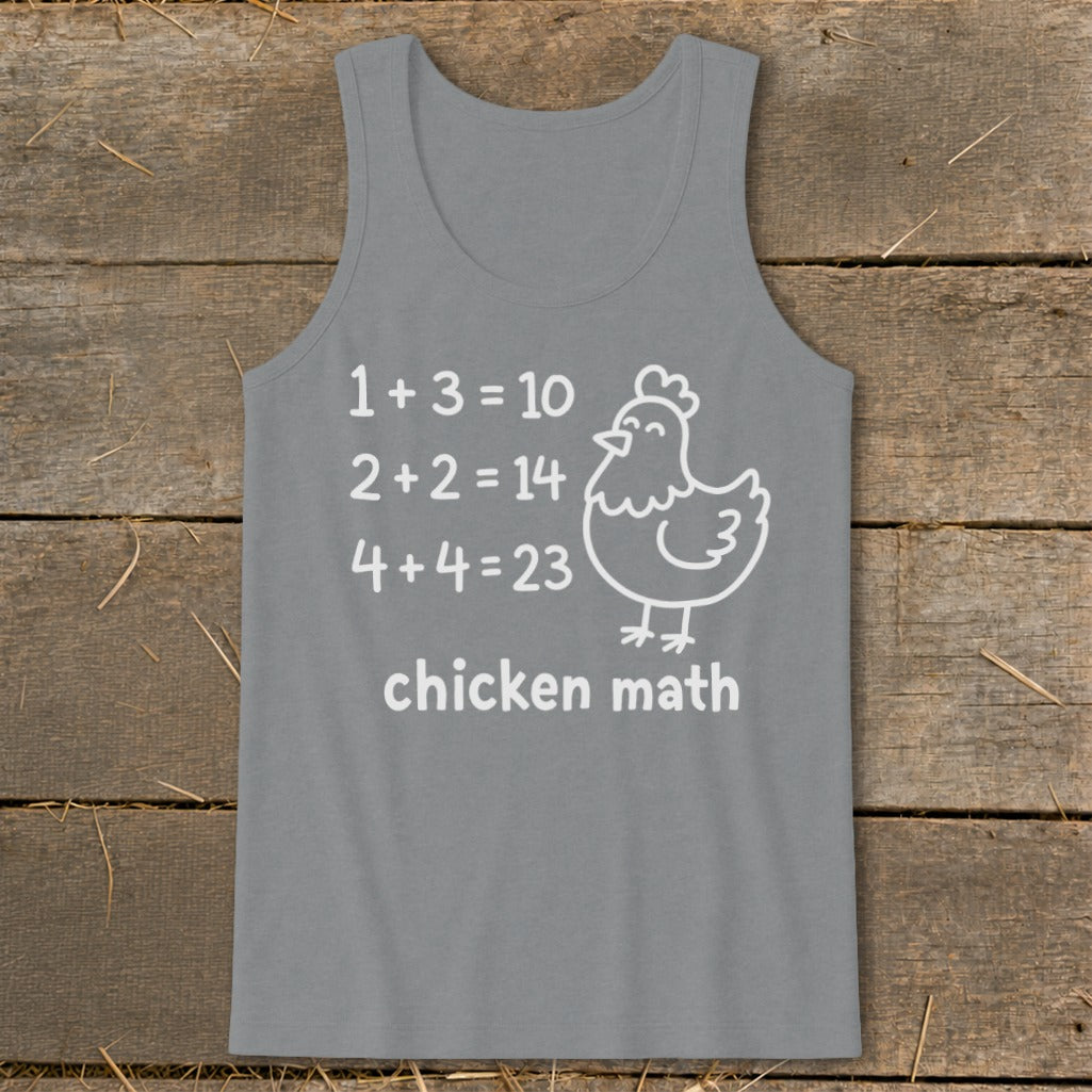Grey tank top with "chicken math" and cartoon chicken with incorrect math equations.