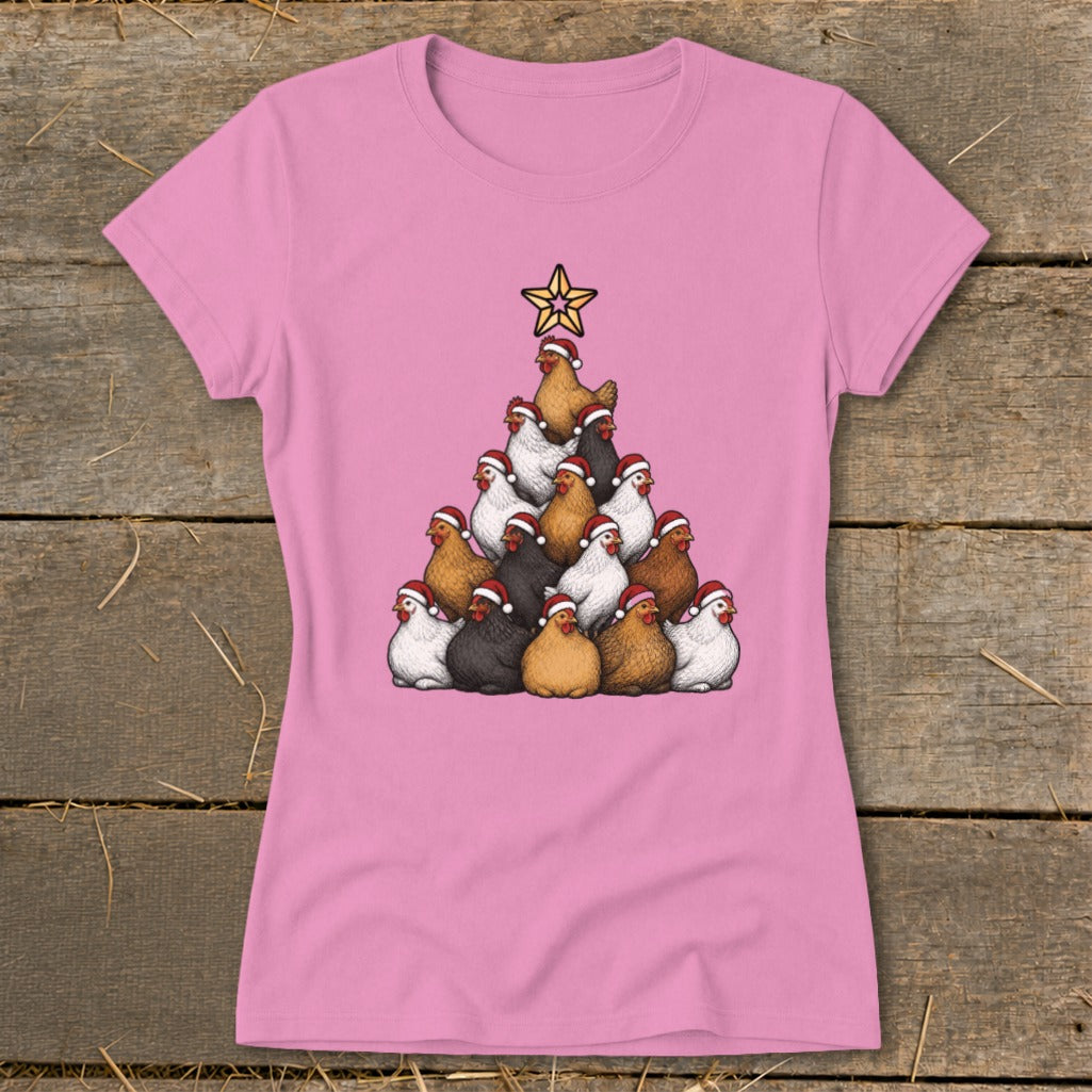 Pink t-shirt with illustration of a Christmas tree made of chickens wearing Santa hats.