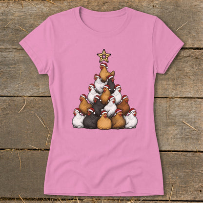 Pink t-shirt with illustration of a Christmas tree made of chickens wearing Santa hats.