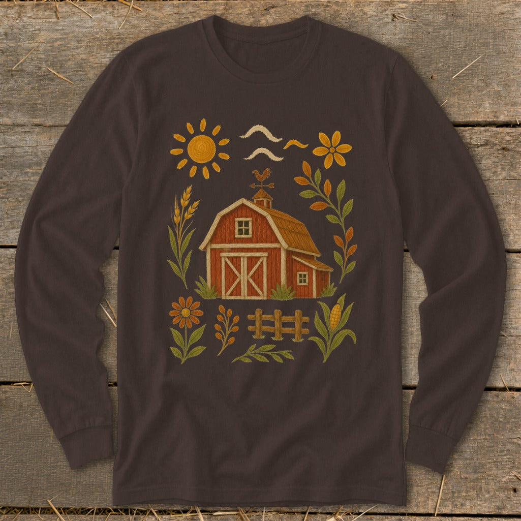Brown long-sleeve shirt with a red barn, rooster, sun, and farm-themed graphics.