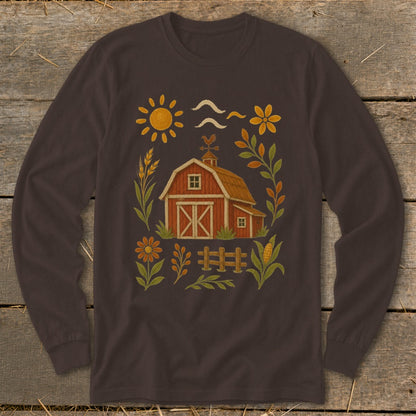 Brown long-sleeve shirt with a red barn, rooster, sun, and farm-themed graphics.