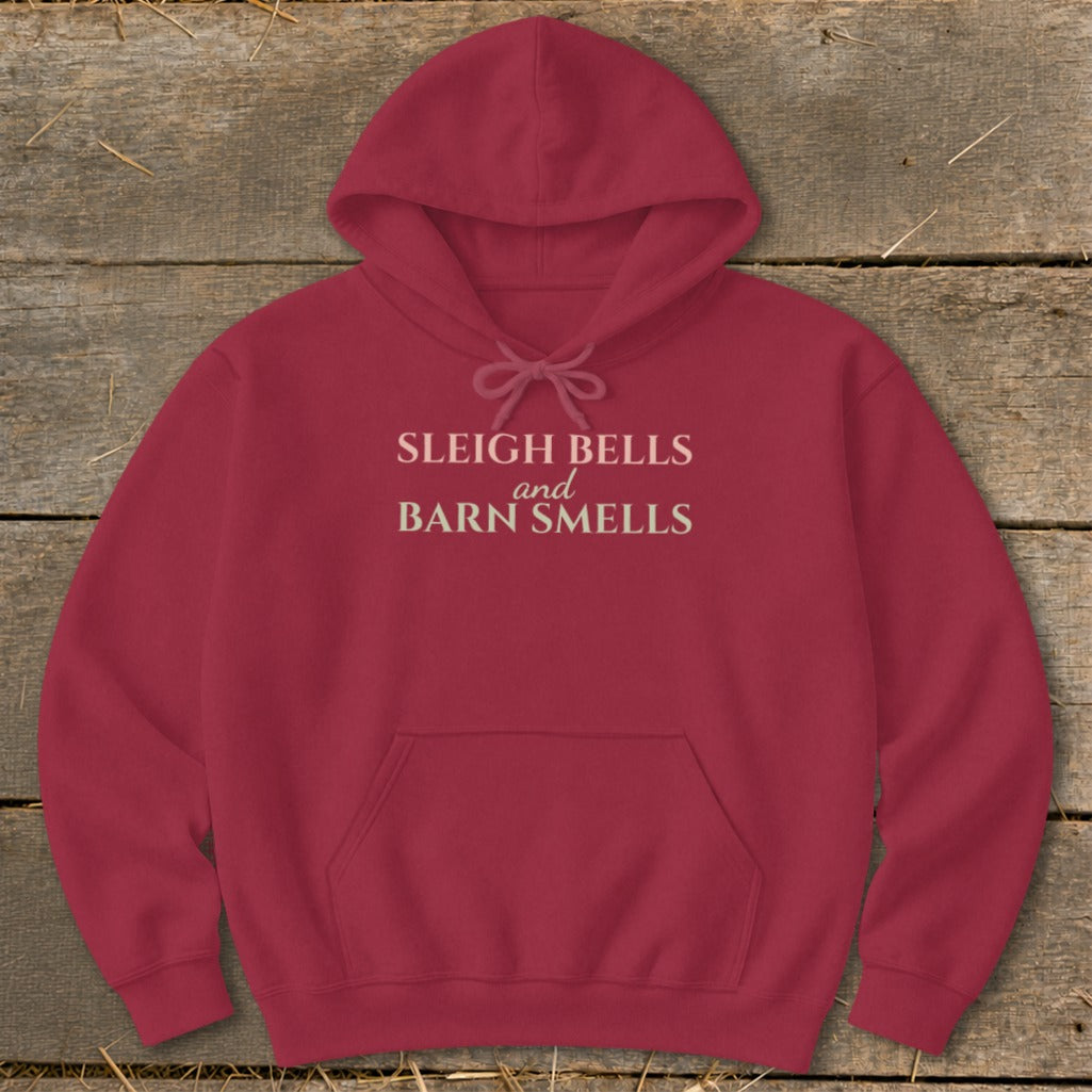 Red hoodie with "Sleigh Bells and Barn Smells" text.