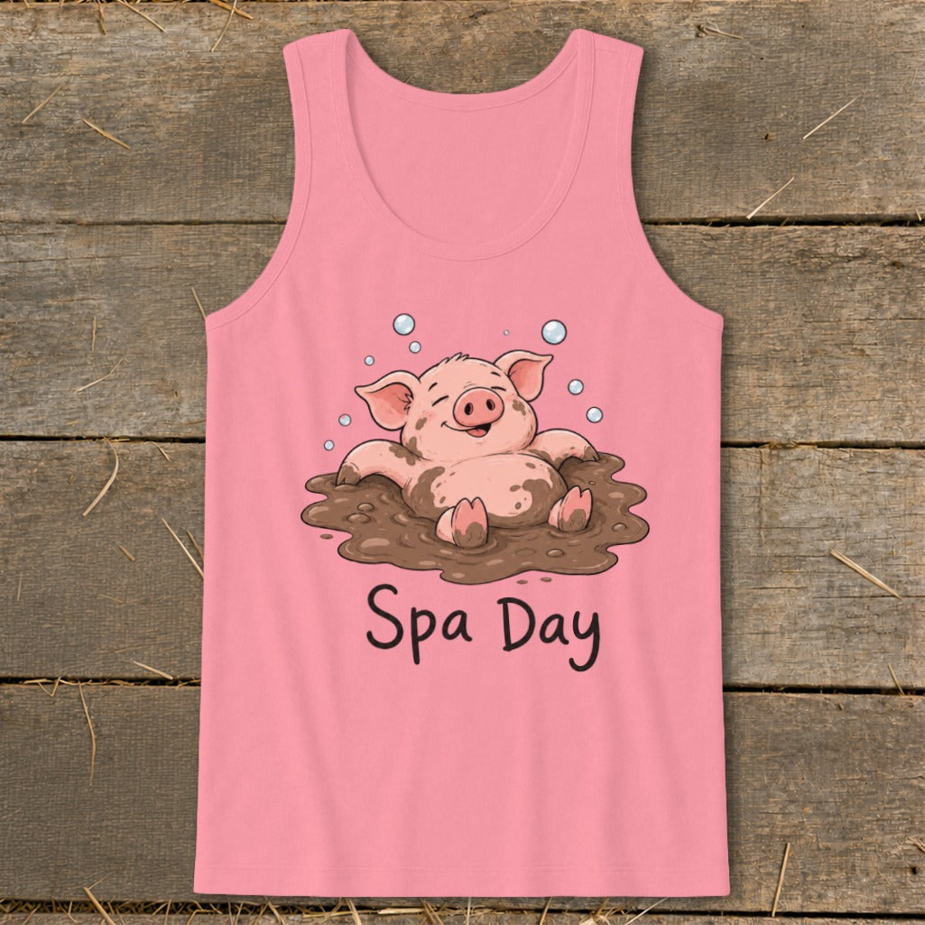 Pink tank top with a happy pig in mud and text "Spa Day".