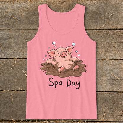 Pink tank top with a happy pig in mud and text "Spa Day".