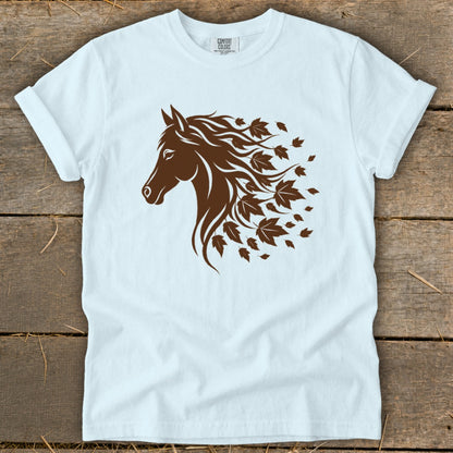White t-shirt with brown horse head and falling leaves graphic.