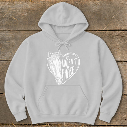 Grey hoodie with white horse head graphic inside a heart with text.