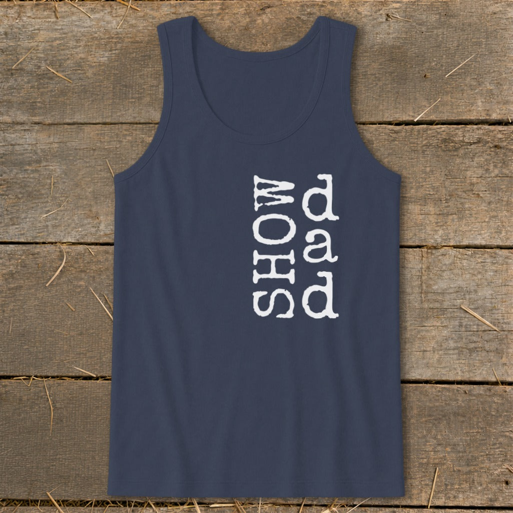 Navy tank top with white text that reads "SHOW dad" vertically.