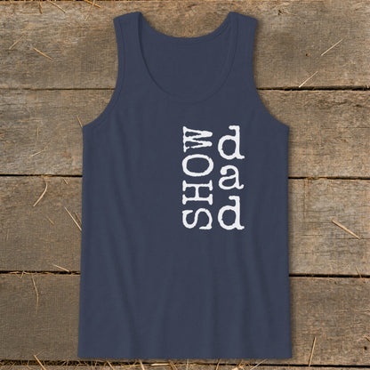 Navy tank top with white text that reads "SHOW dad" vertically.