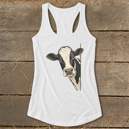 White tank top with a black and white cow peeking from the side.