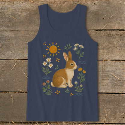 Navy tank top with a brown bunny and floral sun design.