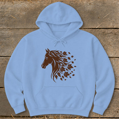 Light blue hoodie with a brown horse head and falling leaves design.