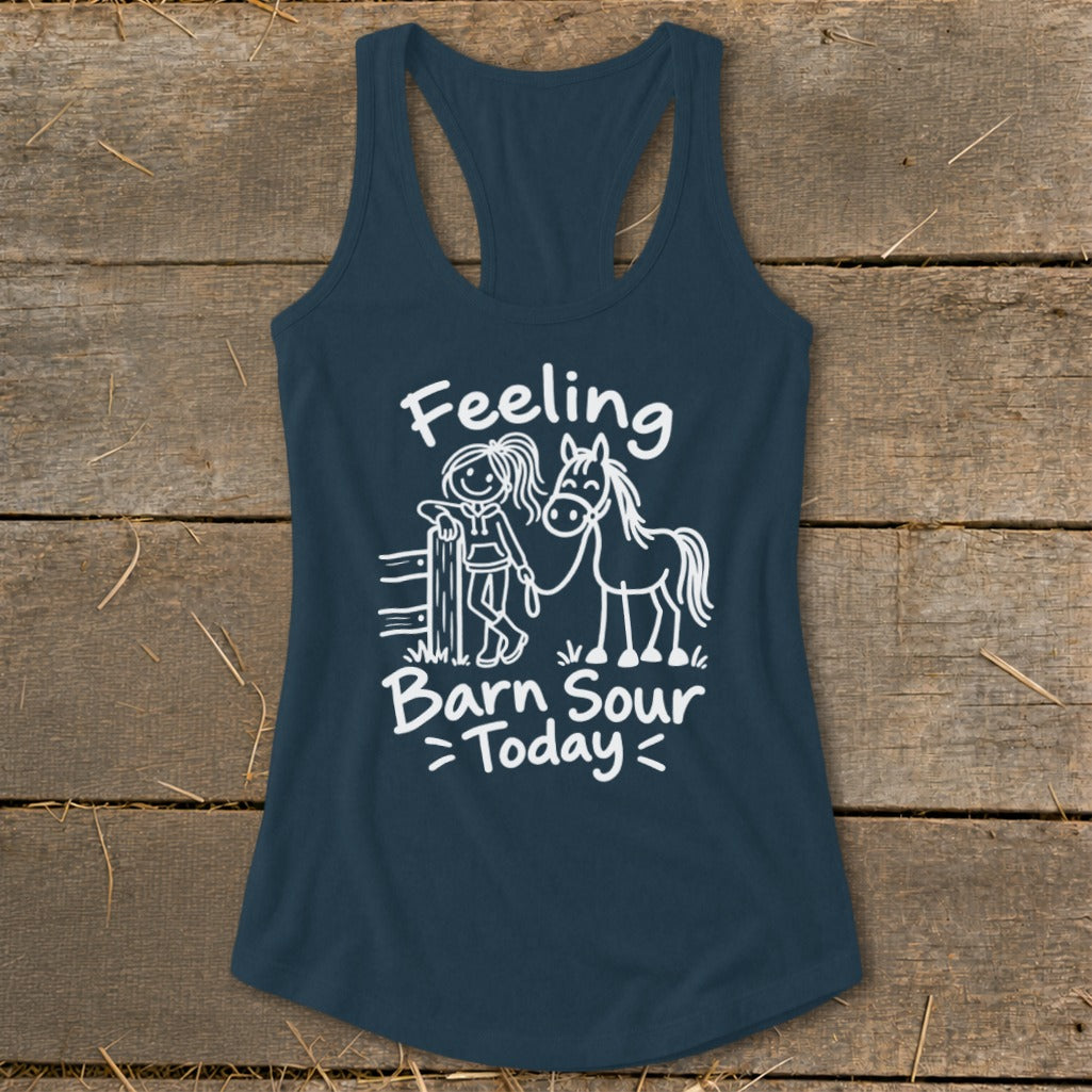 Navy tank top with white text and drawing of a girl and a horse.