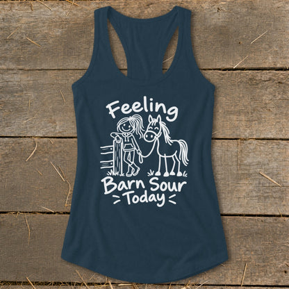 Navy tank top with white text and drawing of a girl and a horse.