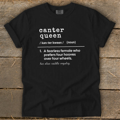 Black t-shirt with white text defining "canter queen."