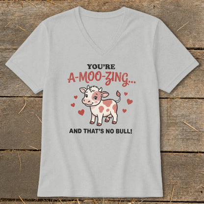 Light gray t-shirt with a cartoon cow and text: "You're A-moo-zing... And That's No Bull!"