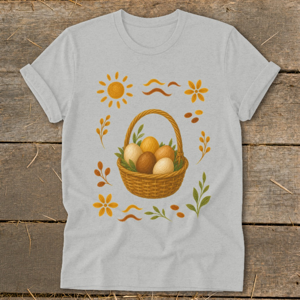 Light gray t-shirt with a woven basket of brown and cream eggs and decorative floral and sun motifs.