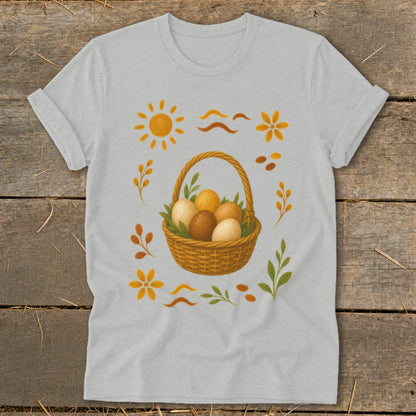 Light gray t-shirt with a woven basket of brown and cream eggs and decorative floral and sun motifs.