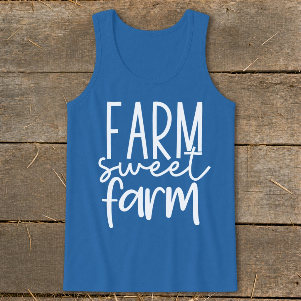Blue tank top with white "FARM sweet farm" text.