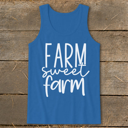 Blue tank top with white "FARM sweet farm" text.