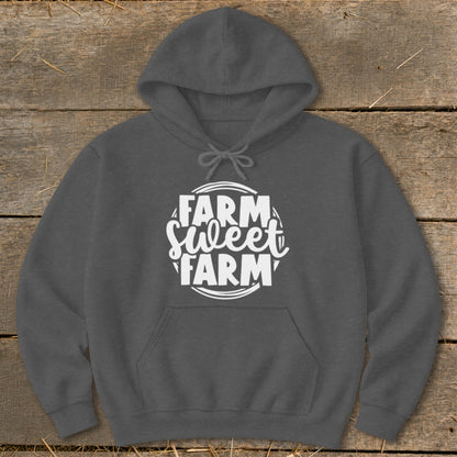 Dark gray hooded sweatshirt with white "FARM SWEET FARM" text and graphics.