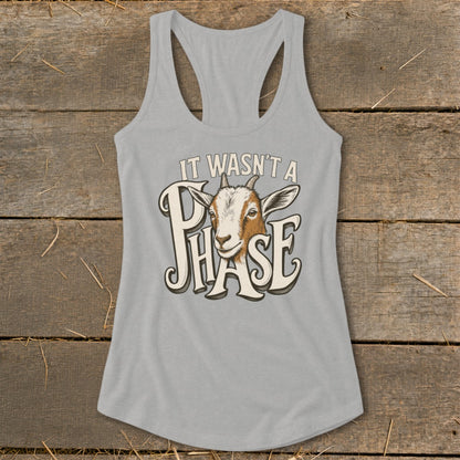 Gray tank top with a graphic of a goat's head and text "IT WASN'T A PHASE".