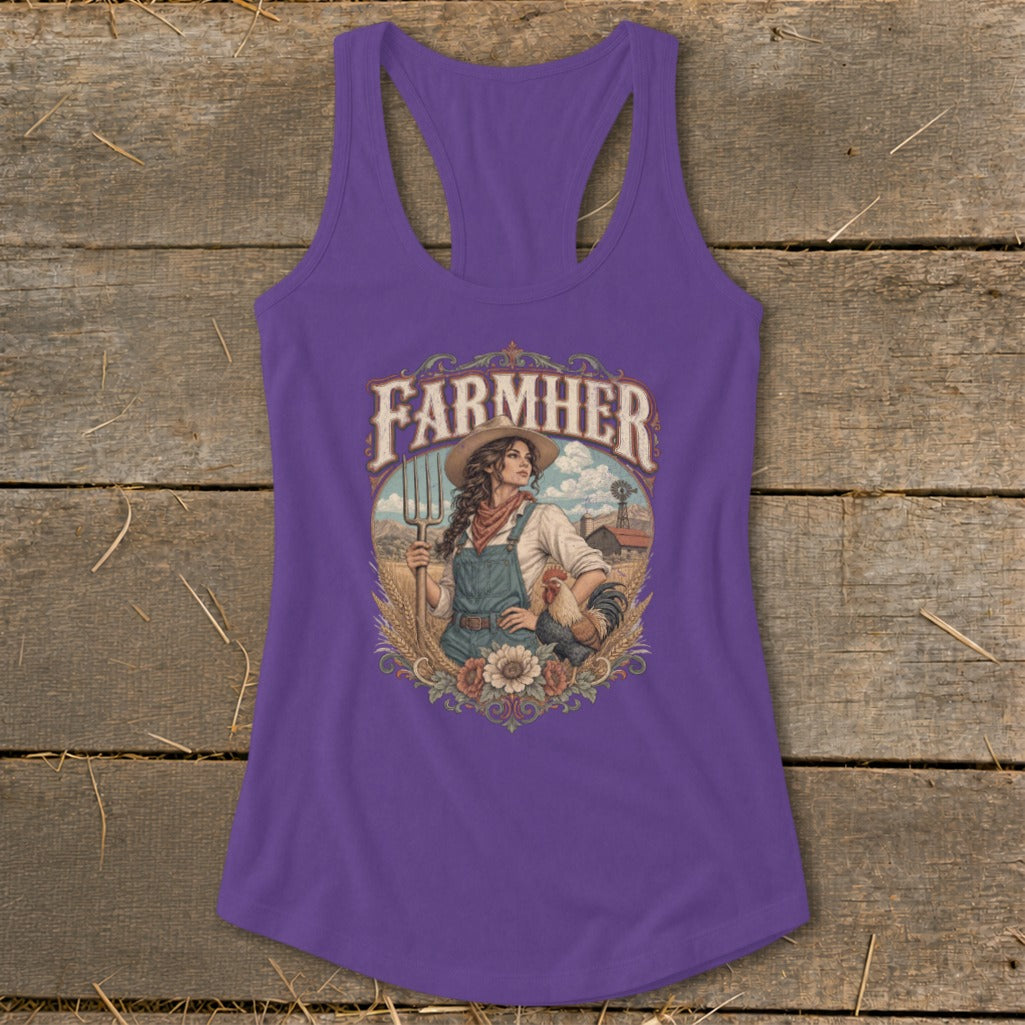 Purple tank top with "Farmher" graphic of a woman holding a pitchfork with a rooster.