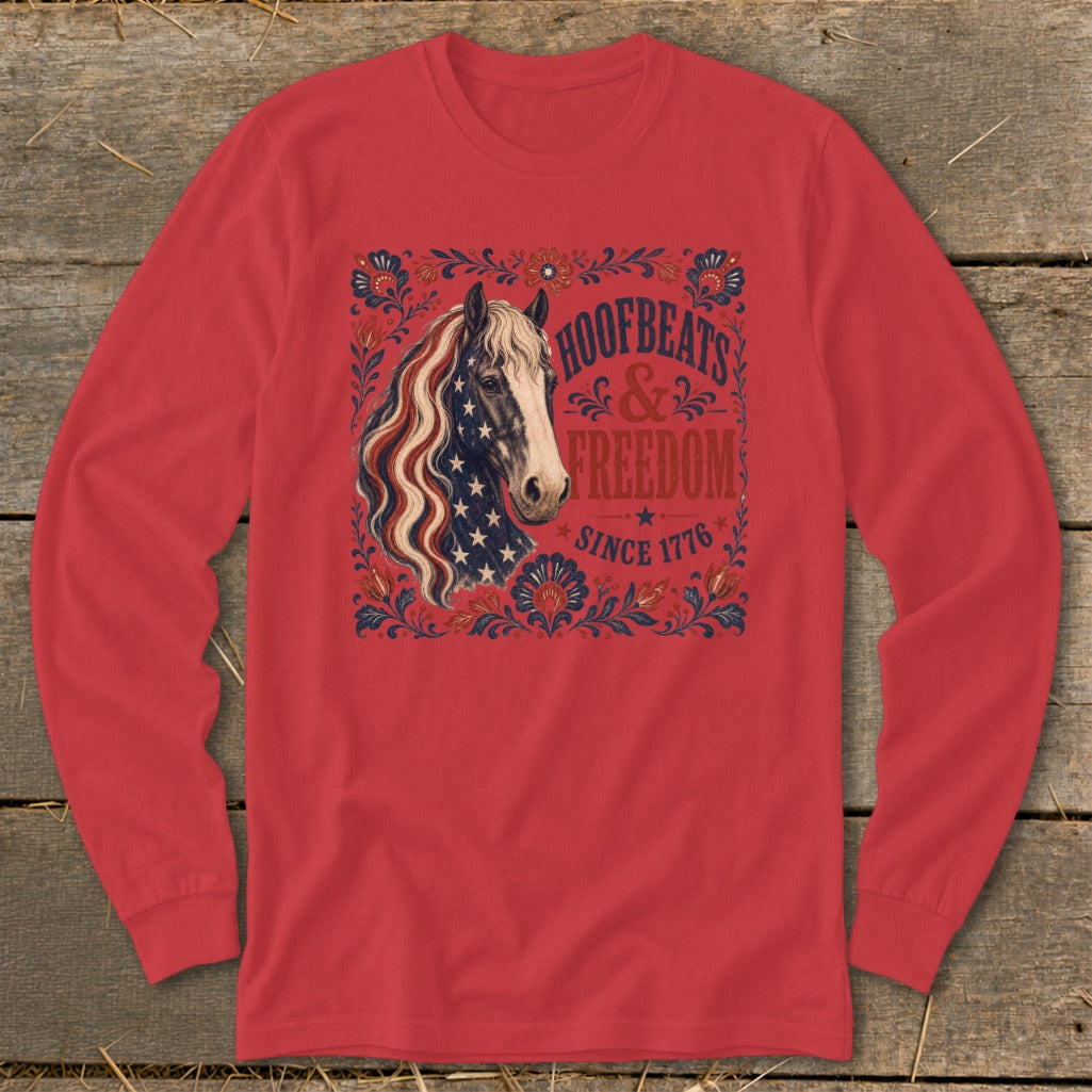 Red long-sleeve shirt with horse graphic and "Hoofbeats & Freedom Since 1776" text.