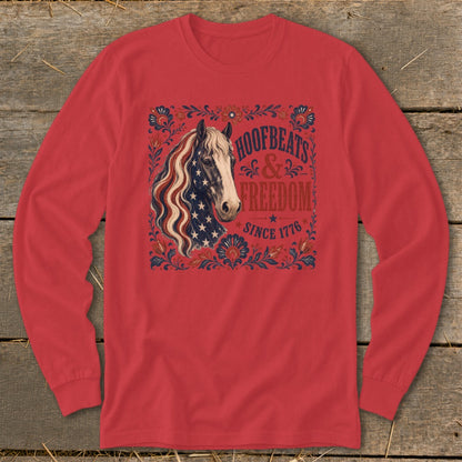 Red long-sleeve shirt with horse graphic and "Hoofbeats & Freedom Since 1776" text.