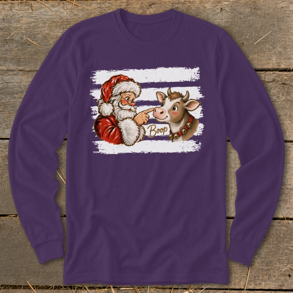 Santa booping a cow with the word "Boop" on a purple long-sleeve shirt.