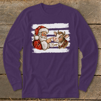 Santa booping a cow with the word "Boop" on a purple long-sleeve shirt.